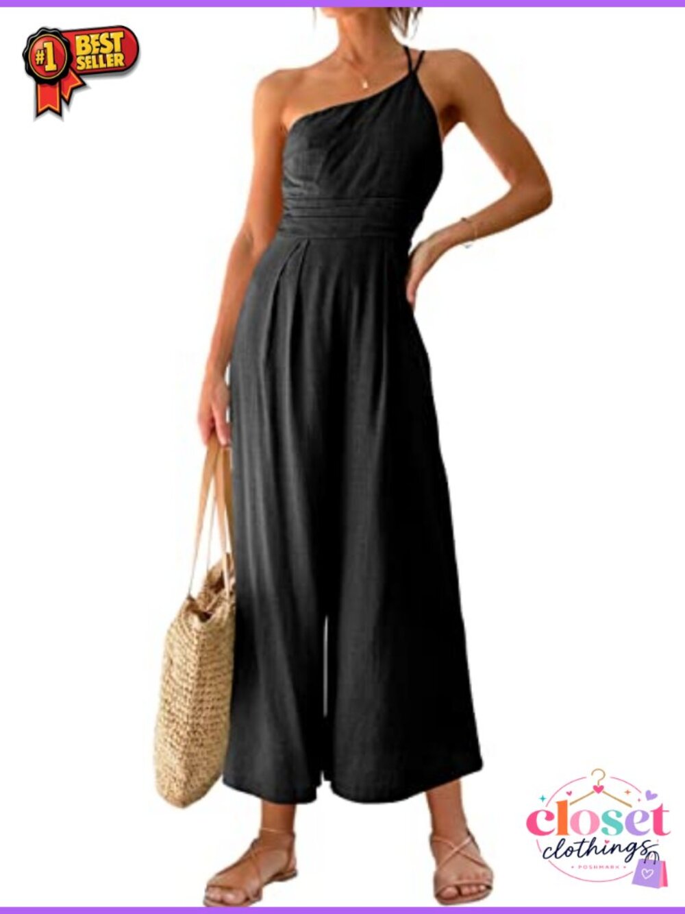 Linen One Shoulder Wide Leg Jumpsuit Sleeveless High Waist